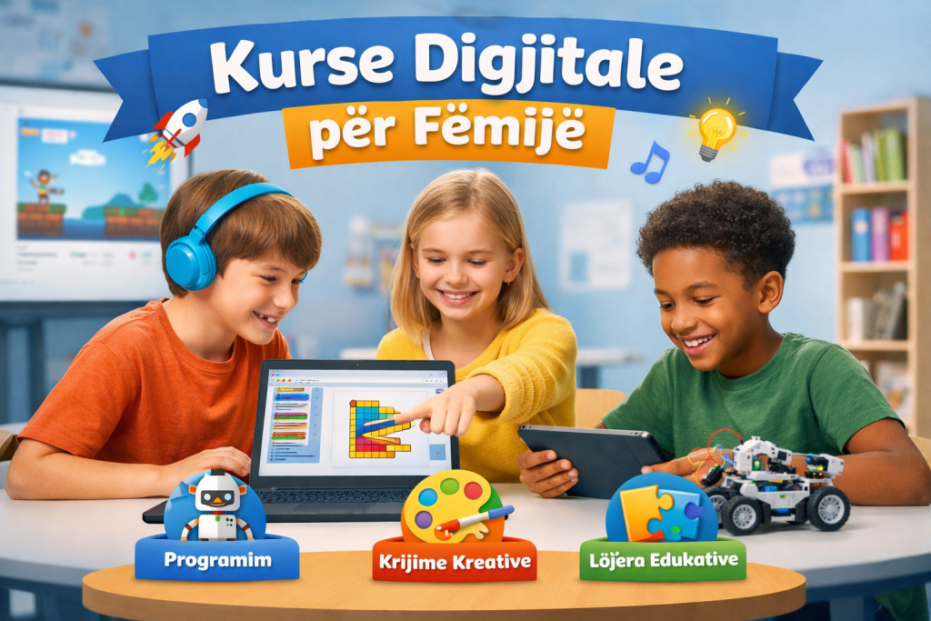 Fëmijë duke mësuar aftësi digjitale me lojëra edukative, laptop dhe robotikë, në një ambient modern mësimor.